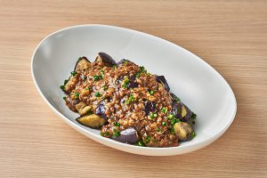 Eggplant with minced beef and minced chicken